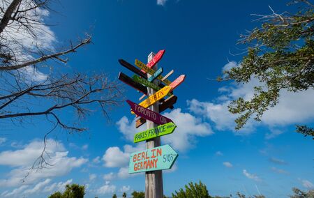 Signs posted with the distances of locations around the worldの写真素材
