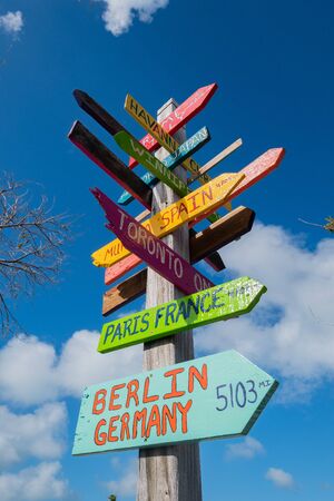 Signs posted with the distances of locations around the worldの写真素材