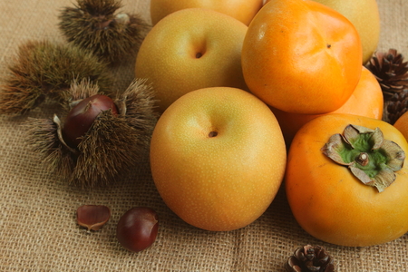 Persimmon, pear, chestnut, fruitの写真素材