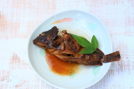 Scorpion fish steamed with soy sauce with ingredientの写真素材