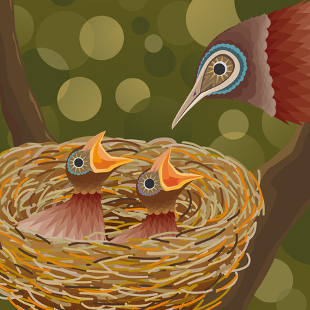 mother bird taking care of her little babies from the nest on a treeのイラスト素材