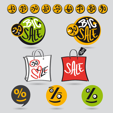 Big sale set with Member Handwritten scripts percent signs and shopping bagsのイラスト素材