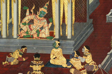 Ravana order in the palace, Thai art painted on wall in Buddhist temple