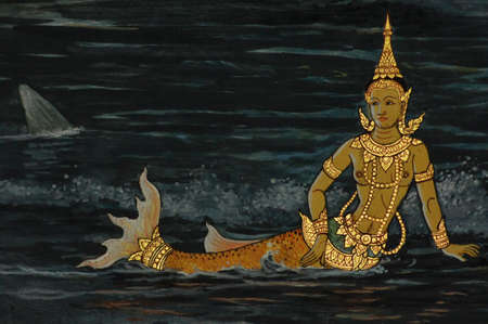 Thai mermaid pained, Thai art painted on wall in Buddhist templeの写真素材