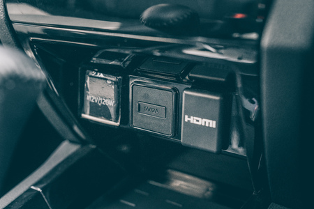 Putrajaya, Malaysia - February 17, 2019: New car Perodua Aruz interior details focusing on the power inputのeditorial素材