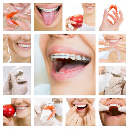 collage of photographs on the theme of dental care and healthy teethの写真素材