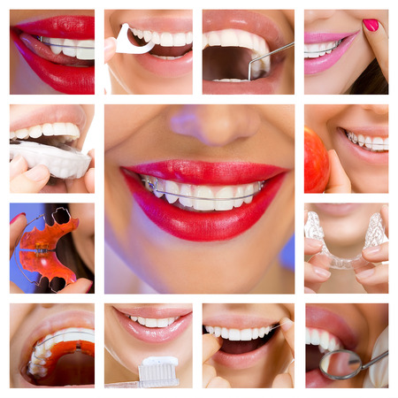 collage of photographs on the theme of dental care and healthy teethの写真素材