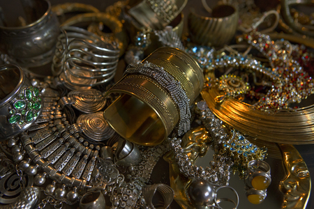 Beautiful Oriental Gold, Silver jewelry (Indian, Arab). Fashion Ethno Accessories, Asian Bridal jewelry, Bottom drawer. Tribal Moroccan belly Dance Jewelry. Necklace, Earrings, Bracelets. Treasureの写真素材