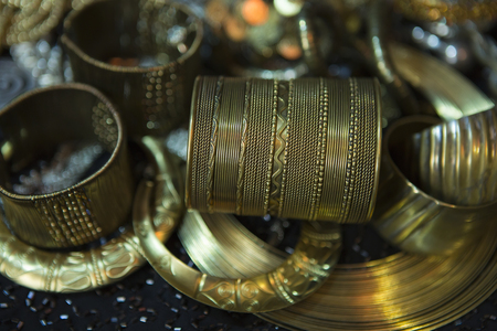 Golden jewelry. Lot of Beautiful Oriental Gold (Indian, Arab, African). Fashion Ethno Accessories, Asian Bridal jewelry. Tribal Moroccan belly Dance Jewelry. Necklace, Earrings, Braceletsの写真素材