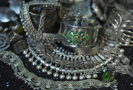 Silver jewelry with Emerald. Lot of Beautiful Oriental Silver, Gold (Indian, Arab, African). Fashion Ethno Accessories, Asian Bridal jewelry. Tribal Moroccan Jewelry. Necklace, Earrings, Bracelets の写真素材