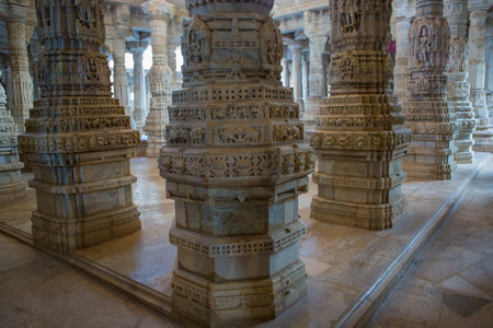 Jain Temple in Ranakpur, India, Rajasthan. Chaumukha Mandir. Beautiful Indian ancient temple....
