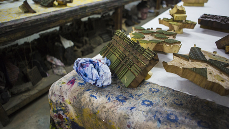 Block Printing for Textile in India. Jaipur Block Printing Traditional Process. Wooden Block Printing with oriental ornament for Fabric. Traditional painting of Indian Textile. Natural paints. Rajasthan Craftsの写真素材
