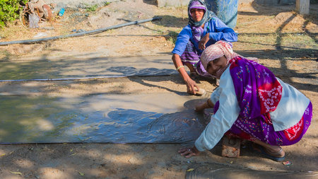 BAGRU, JAIPUR, Rajasthan, India â DEC, 2016: Textile Dyeing with natural colors Traditional Process on Dec 2016, JAIPUR, India. Jaipur - center of Traditional Handicrafts of Indiaのeditorial素材