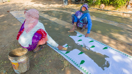 BAGRU, JAIPUR, Rajasthan, India â DEC, 2016: Textile Dyeing with natural colors Traditional Process on Dec 2016, JAIPUR, India. Jaipur - center of Traditional Handicrafts of Indiaのeditorial素材
