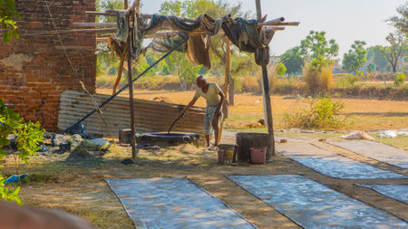 BAGRU, JAIPUR, Rajasthan, India â DEC, 2016: Textile Dyeing with natural colors Traditional Process on Dec 2016, JAIPUR, India. Jaipur - center of Traditional Handicrafts of Indiaのeditorial素材