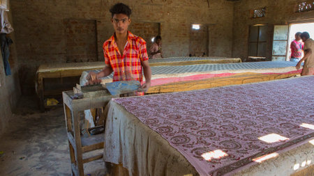 BAGRU, JAIPUR, Rajasthan, India â DEC, 2016: Block Printing for Textile in India. Block Printing Traditional Process on Dec 2016, JAIPUR, India. Jaipur - center of Traditional Handicrafts of Indiaのeditorial素材