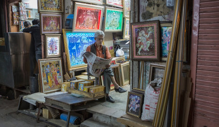 JAIPUR, INDIA â DEC 2016: Unidentified Indian Man Selling a Religious items and images of Indian gods on Dec 2016, Jaipur, India. Jaipur is one of the most important centers of Commerce in Indiaのeditorial素材