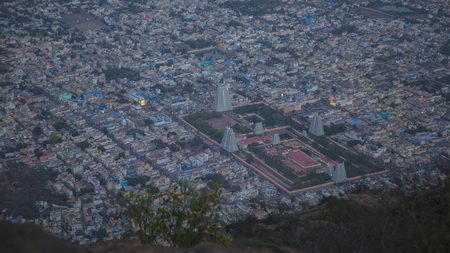 Top view of the Tiruvannamalai city and Arunacheshvara Temple. View of  Indian Shiva Temple from Arunachala hill. Beautiful Panoramic view of the holy city in Tamil Nadu. Spiritual and Religious of Indiaの写真素材