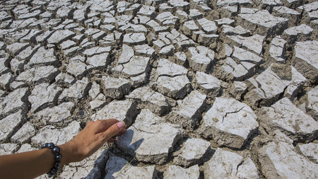 Texture of cracked ground Close-up. Background. Dry lake with Clay mud. Hand with a Withered Background. Arid desert landscape with cracked ground. Drought in the Indian state Tamil Naduの写真素材