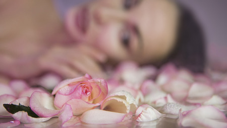 Fresh Rose petals and Pink rosebud. Blurred Woman face with clean Healthy skin on background. Mineral Rose Water for toning and skin cleaning. Beautiful Girl. Beauty and skincare. Cosmetics from roses. Spa Aromatherapy.の写真素材