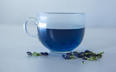 Blue Butterfly Pea tea from flowers Clitoria close-up. Blue Thai tea for weight loss - a very unusual drink. A light, floral, exotic, rich blue color tea, which help to promote weight loss. Wellness and Detox.の写真素材
