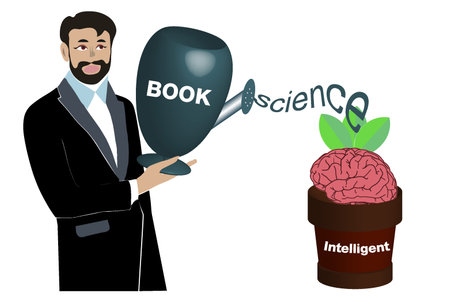 Businessman watering a plant in a pot with a shovel or 3d teacher conveys knowledge to brain through books illustration illuminates ideas
 Vector illustrationのイラスト素材