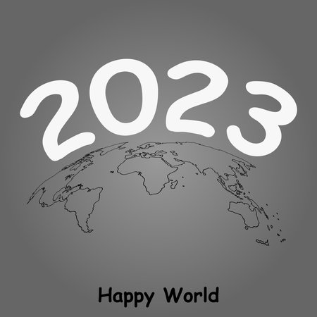 Happy New Year 2023 text on world shape Greeting card. happy world Vector illustrationのイラスト素材