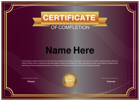 Certificate template with golden border, Diploma design, Certificate of achievement for all industries purple bronze color vector illustrationのイラスト素材