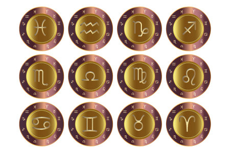 Set of zodiac signs in gold coins isolated on white background. 3d mystical symbol all zodiac sign chart on golden plate or bronze colorのイラスト素材