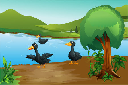 Duck and duckling on the river bank. jungle animal image Vector illustration.のイラスト素材