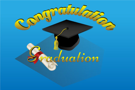 Congratulations on graduation, Graduation cap and diploma. Graduation hat and degree with congratulation text gold color on blue gradient background Vector illustration.のイラスト素材