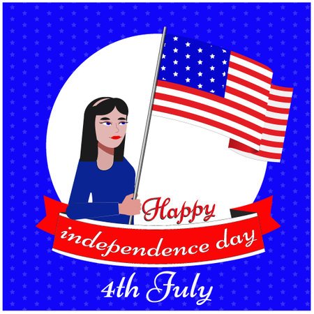 Happy Independence Day of the United States. 4th of July. woman play usa flag on fastival of 4th july Vector illustration. usa flag with woman frame use for social media.のイラスト素材