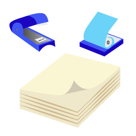 Stapler and paper Isometric view. Stationery item stapler with page Vector illustration.のイラスト素材