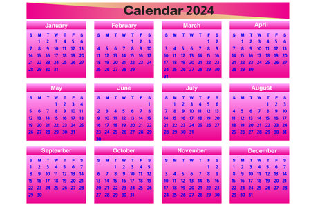 2024 calendar pink color. the Calendar for 2024 year. Vector design template. Week starts on Monday.のイラスト素材