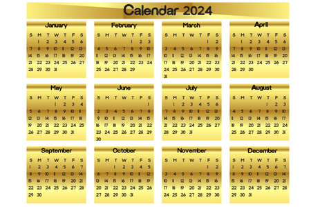 2024 calendar golden and black color, the Calendar for 2024 on a white background. Vector illustration. Eps 10のイラスト素材