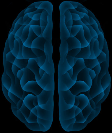 Human brain with neon holographic blue glow futuristic top view transparent background