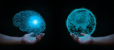 businessmanman hand holding digital artificial intelligence (AI)  circuit board human brain on dark...