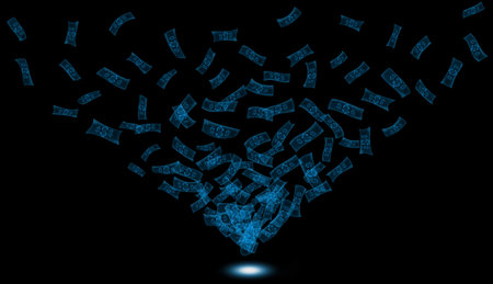 usd dollar sparkle with spot light from bottom, futuristic holographic money transparent backgroundの写真素材