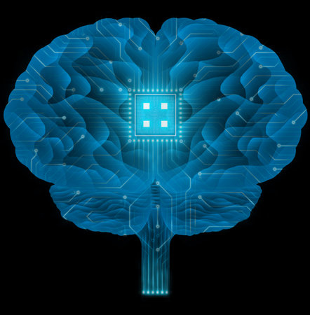 Human brain with chip inside with blue glow futuristic holographic transparent backgroundの写真素材