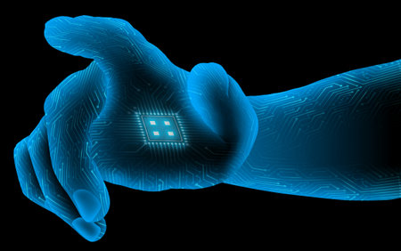 one hand blue glow touch or press click button futuristic hologram concept transparent backgroundの写真素材