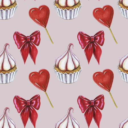 Love and sweets template design. Watercolor pattern whit cupcake, red heart lolipop and red bow on pink background. Different sweets and love elements pattern. Wrapping paper designの写真素材
