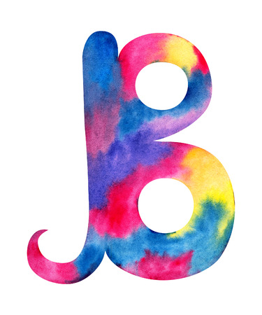 Hand painted watercolor english letter B whit gentel pink, blue, purple and yellow splashesの写真素材