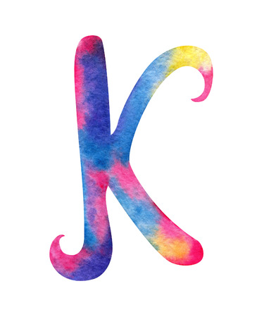 Hand painted watercolor english letter K whit gentel pink, blue, purple and yellow splashesの写真素材