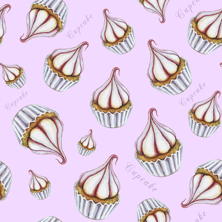 Seamless illustration of hand painted watercolor cupcake on gentle purple background . Watercolor cupcake pattern. Gentle and cute watercolor pattern. Delicious food illustration. Great for flyer, wedding invitations, posters, greeting cards, wrapping paper.の写真素材