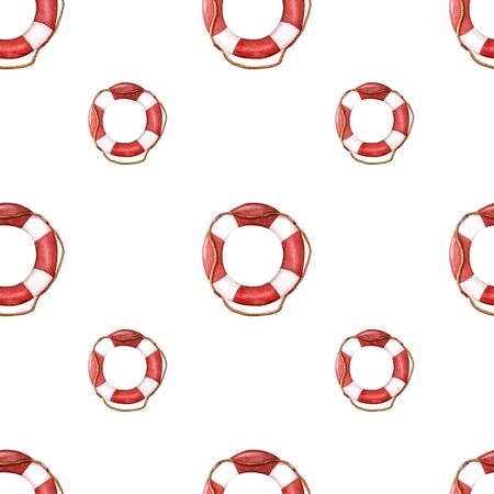 Watercolor nautical pattern. seamless pattern of lifebuoy with rope isolated on white backdrop. decorative Nautical trendy pattern of lifebuoy. Hand painted illustration. marine theme background.の写真素材