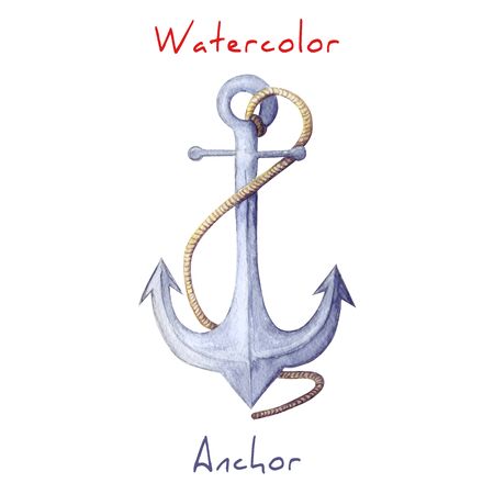Watercolor anchor. blue Anchor with rope. Hand painted watercolor illustration of nautical element. Watercolor anchor isolated on white backdrop. Sea travel element. Marine object. closeup.の写真素材