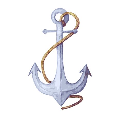 Watercolor vector anchor. blue Anchor with rope. Hand drawn vector illustration of nautical element. anchor isolated on white backdrop. Sea travel element. Marine object. closeup.のイラスト素材