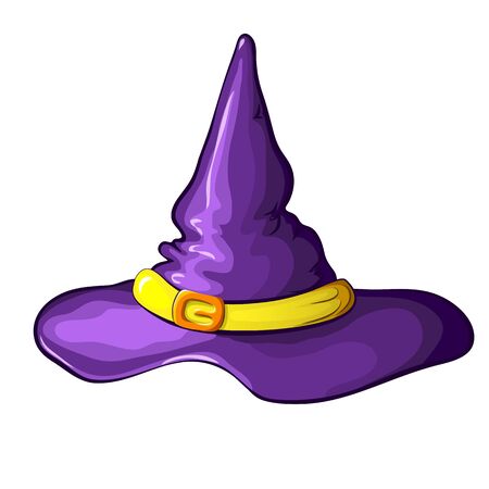Vector illustration of purple cartoon Halloween witch hat with buckle isolated on white background. Symbol of witchcraft. Halloween decorative costume element. witch hat icon for halloween.のイラスト素材