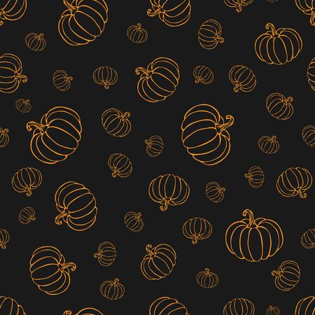 pumpkin or squash pattern in orange color on blackboard. pumpkin pattern. vintage hand drawn pumpkin sketch. outline vegetables pattern for background, halloween or thanksgiving banner or posterの写真素材