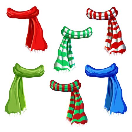 winter scarf collection isolated on white background. illustration of red, green, striped scarfs. wool muffler icon set - winter warming clothes.のイラスト素材